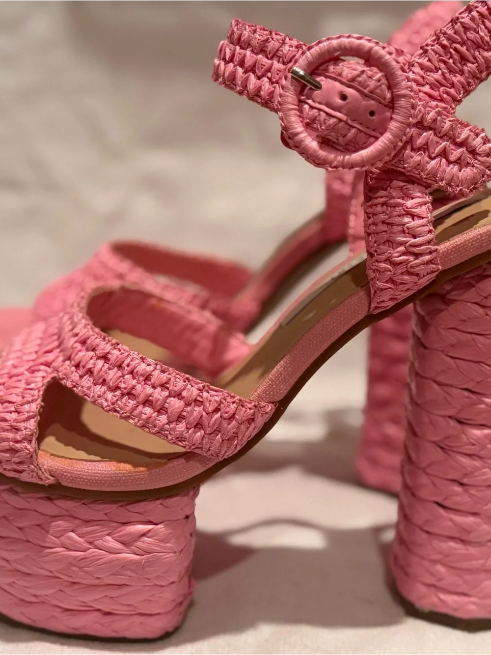 Woven Pink Platform Sandals with Ankle Strap